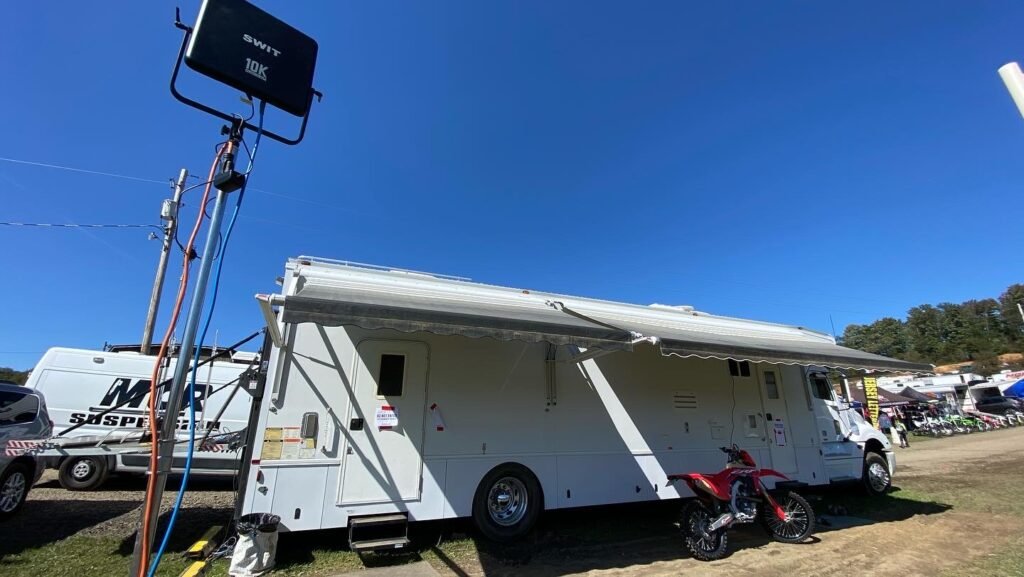 USA Sport Media production truck and wireless transmission mast at an event